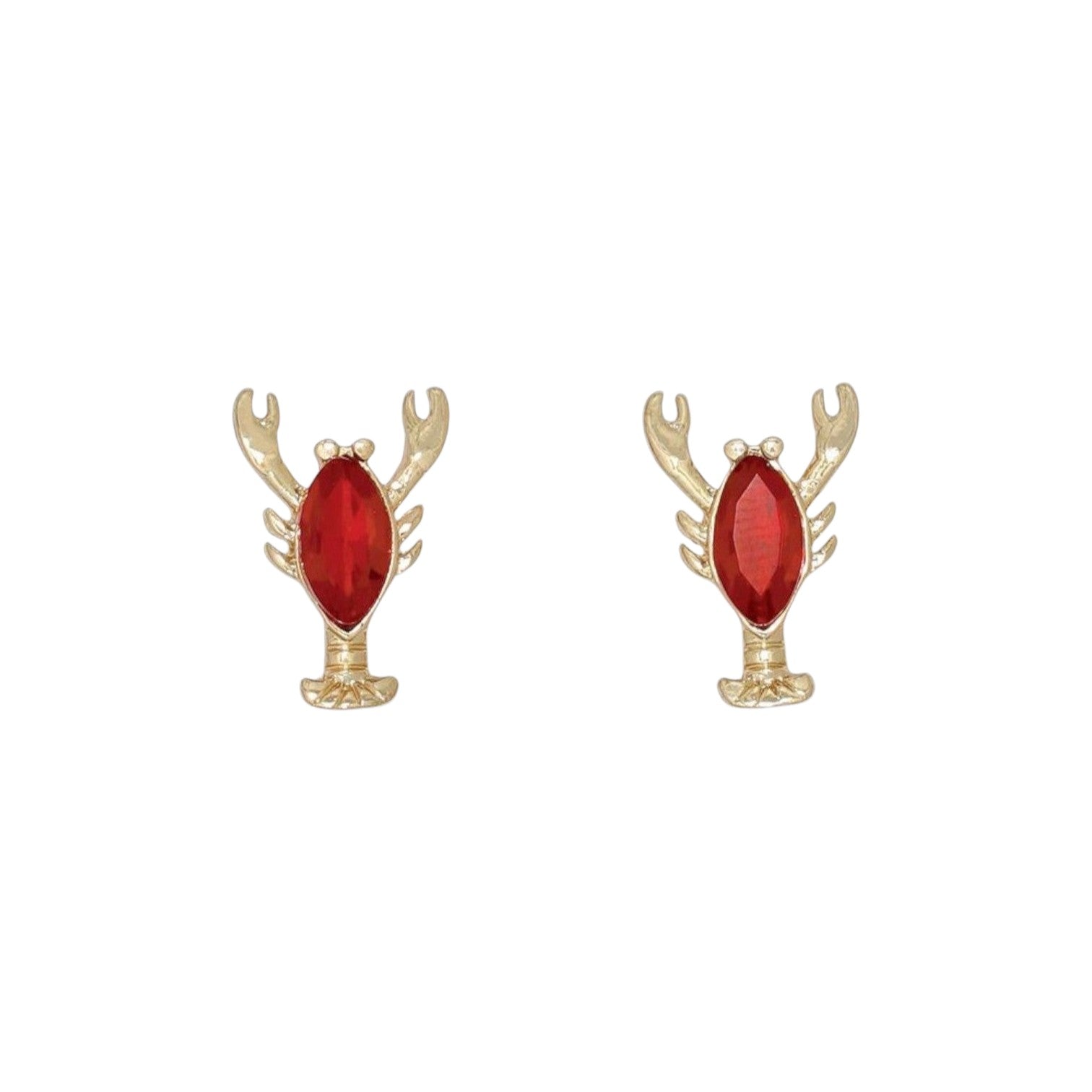 Mellow Monkey gold-tone fish and red lobster stud earrings for coastal style, nickel and lead-free for sensitive skin.