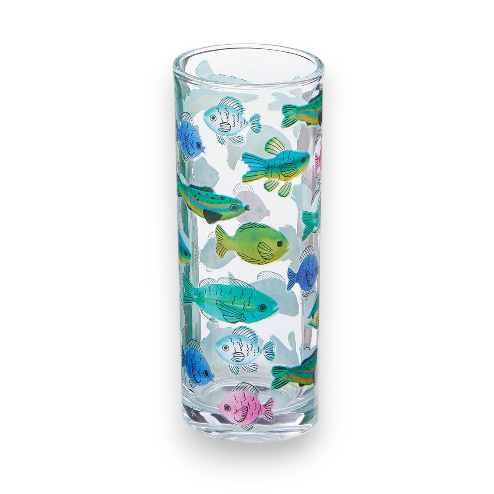 Mellow Monkey Make A Splash 10-oz glass tumbler featuring colorful fish decals next to its striped gift box.