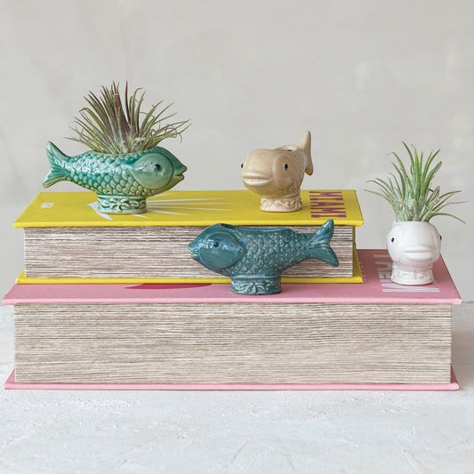 Mellow Monkey stoneware fish shaped container in blue, green, white, and taupe. Use as toothpick holder or planter.