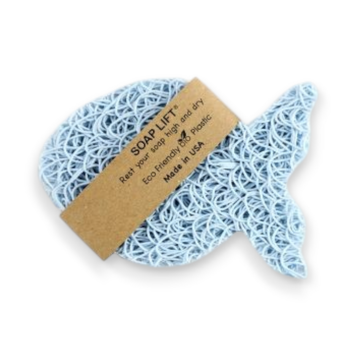 Mellow Monkey fish-shaped Soap Lift in seaside blue, a bioplastic draining pad for bar soap.