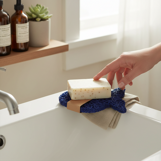Mellow Monkey royal blue fish-shaped bioplastic soap lift pad under a bar of soap on a bathroom sink