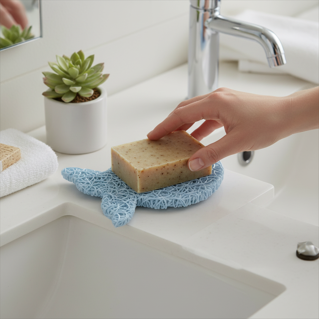 Mellow Monkey Fish Soap Lift in seaside blue, a bioplastic draining pad for bar soap on a bathroom vanity.