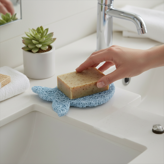 Mellow Monkey Fish Soap Lift in seaside blue, a bioplastic draining pad for bar soap on a bathroom vanity.