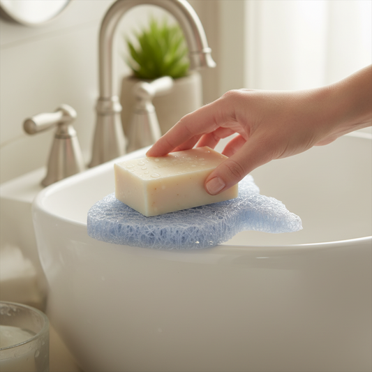 Mellow Monkey fish-shaped crystal blue bioplastic soap lift holding a bar of soap over a bathroom sink