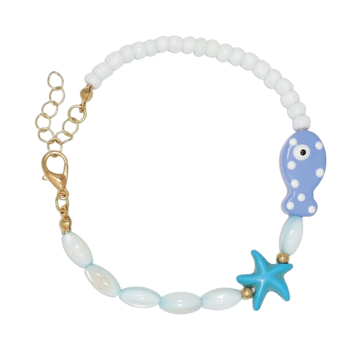 Mellow Monkey coastal bracelet featuring a polka dot fish charm, blue starfish, and white beads on a gold-tone chain.
