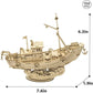 Mellow Monkey 3D laser cut wooden fishing ship puzzle, 104 pieces, natural wood finish, detailed model with anchor and flag.