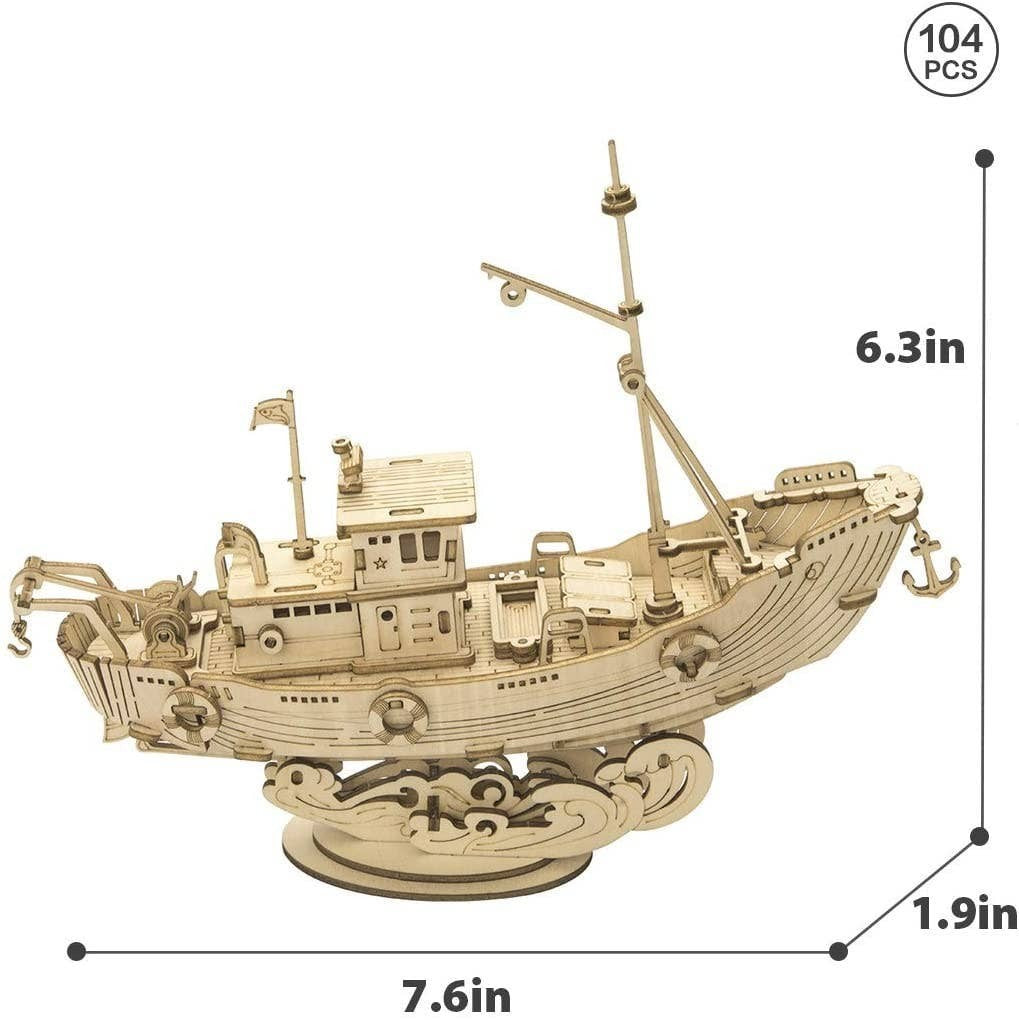 Mellow Monkey 3D laser cut wooden fishing ship puzzle, 104 pieces, natural wood finish, detailed model with anchor and flag.