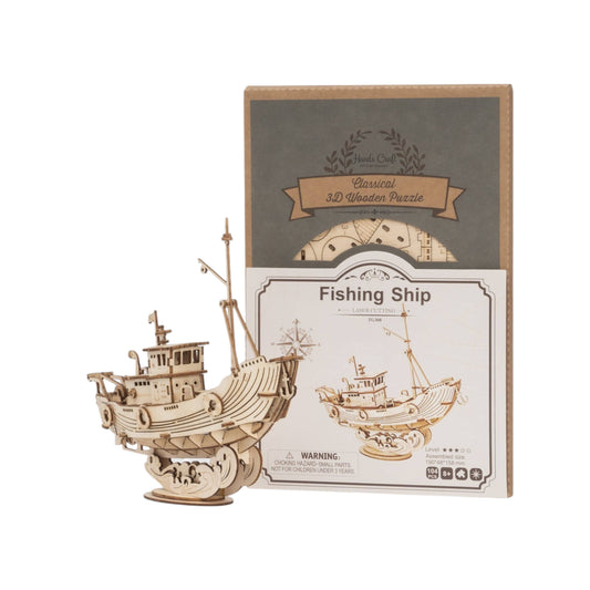 Mellow Monkey 3D laser cut wooden fishing ship puzzle, natural wood finish, 104 pieces.