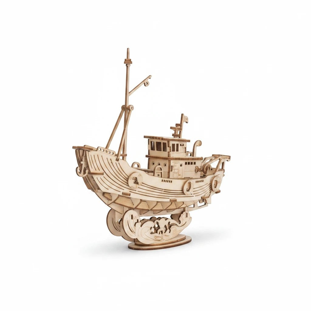 Mellow Monkey 3D laser cut wooden fishing ship puzzle, natural wood finish, 104 pieces.