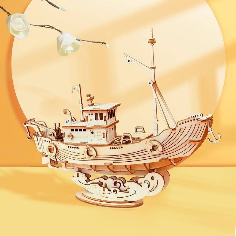 Mellow Monkey 3D laser cut wooden fishing ship puzzle, natural wood finish, 104 pieces, for ages 8+