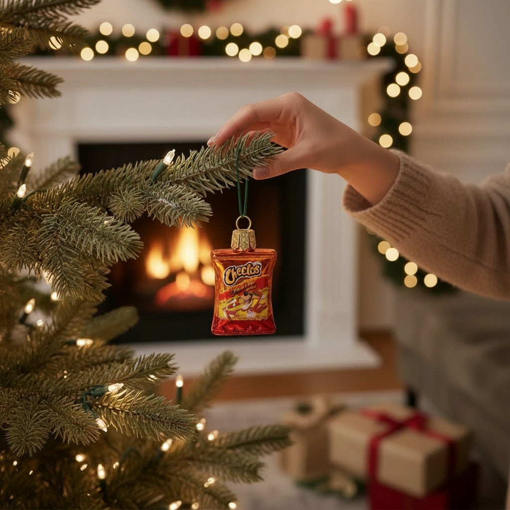 Mellow Monkey Mini Flamin' Hot Cheetos blown glass holiday ornament hanging on a Christmas tree.