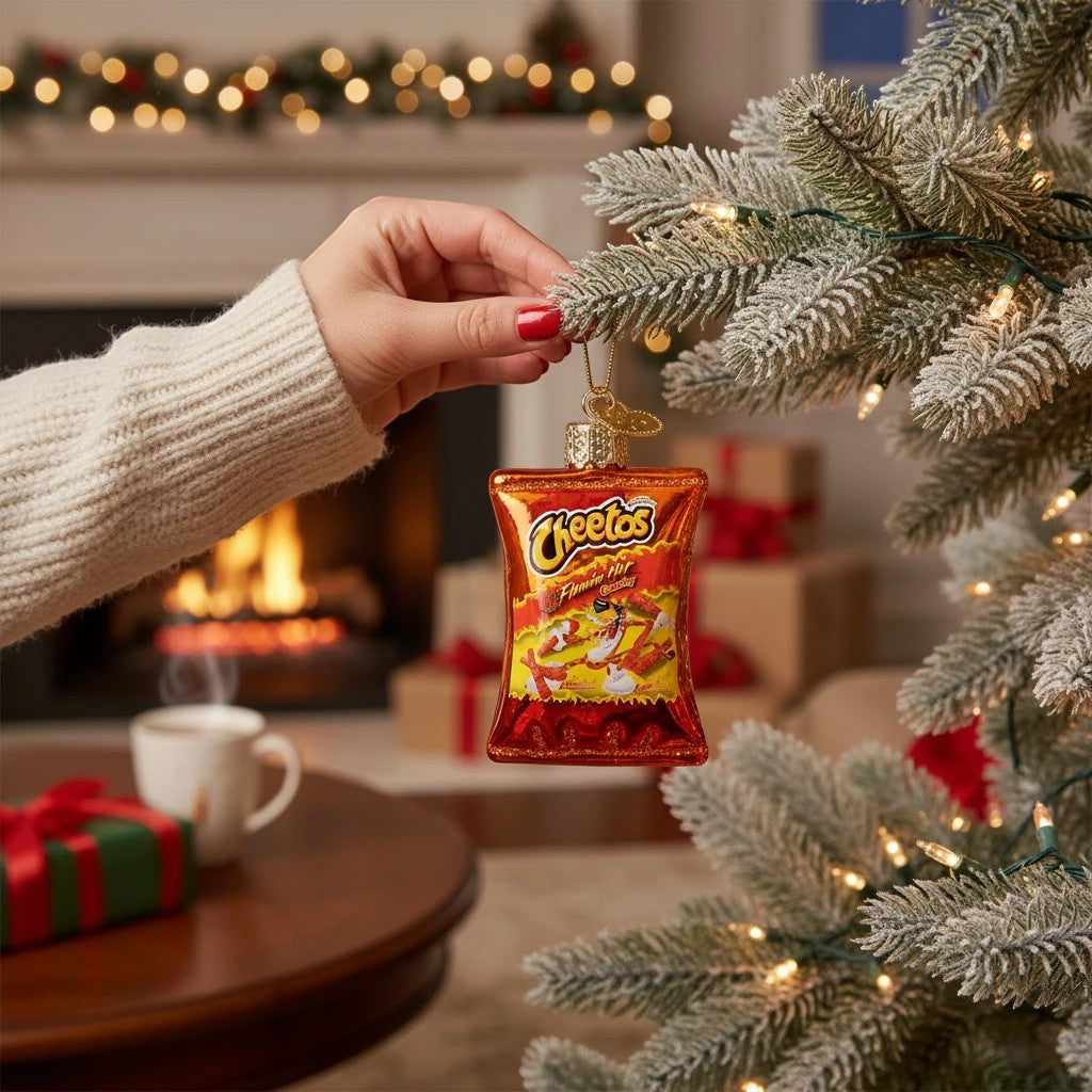 Mellow Monkey Flamin' Hot Cheetos blown glass holiday ornament, shaped like a snack bag, with glittery red and orange finish.