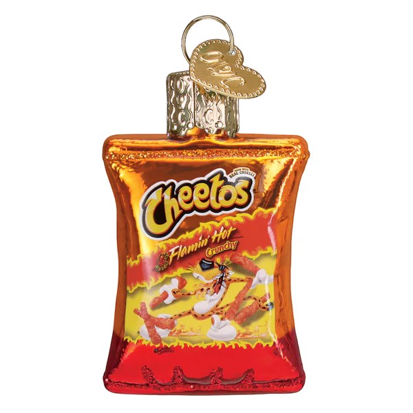 Mellow Monkey Mini Flamin' Hot Cheetos blown glass holiday ornament, shaped like a snack bag.