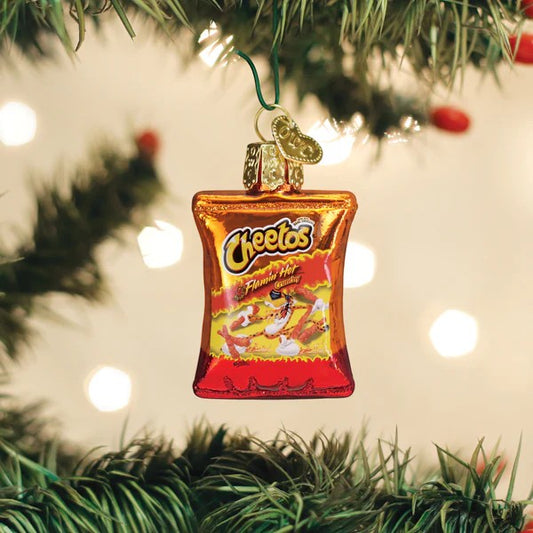 Mellow Monkey Mini Flamin' Hot Cheetos blown glass holiday ornament, shaped like a snack bag.