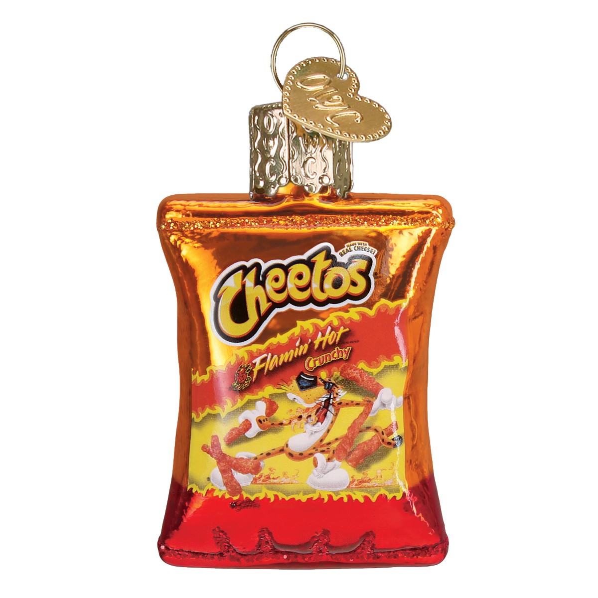 Mellow Monkey Mini Flamin' Hot Cheetos blown glass holiday ornament, shaped like a snack bag, 2.25 inches.