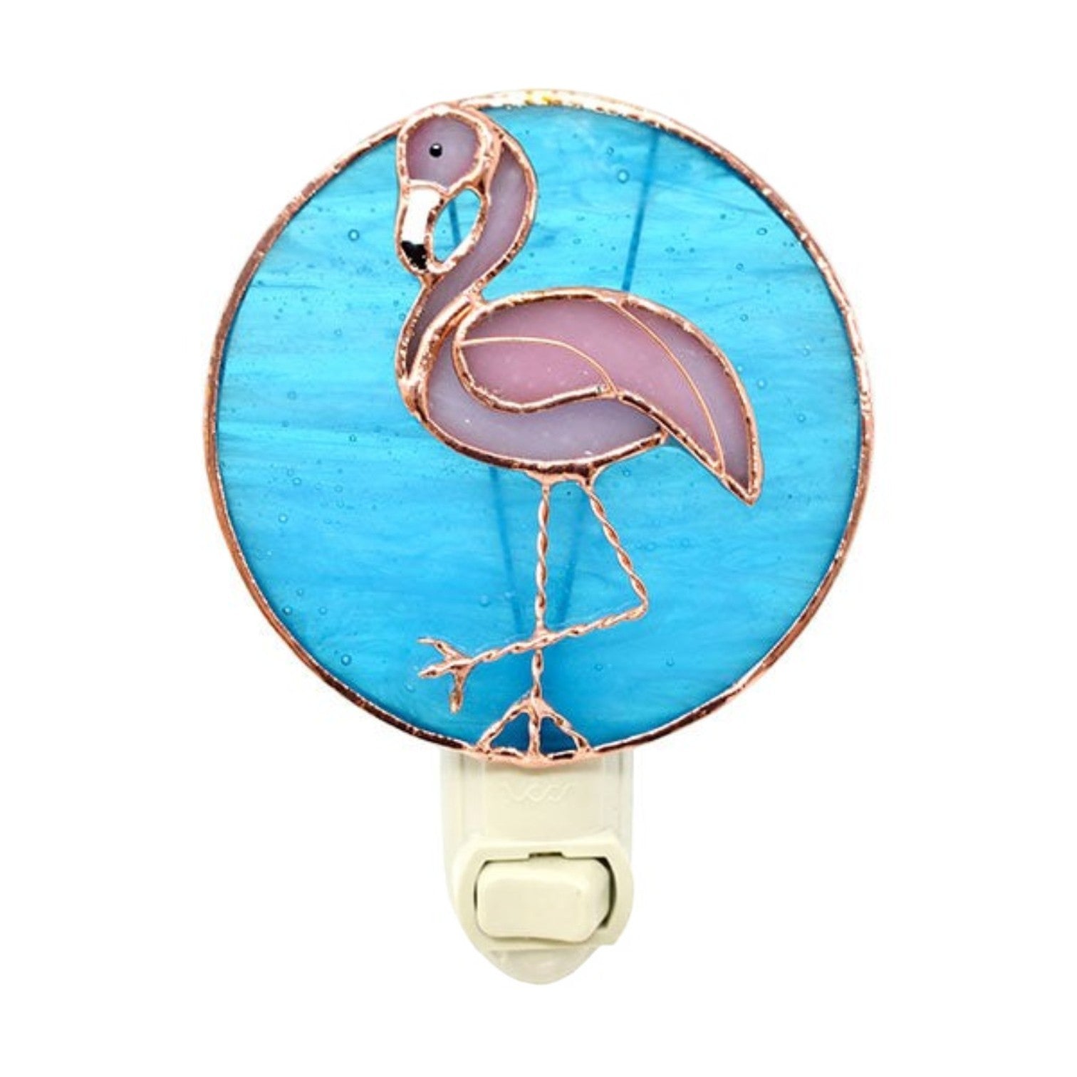 Mellow Monkey flamingo stained glass nightlight with a round blue background and copper electroplate finish.