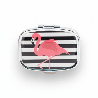 Mellow Monkey flamingo pill box with a pink flamingo on a black and white striped background, three compartments.