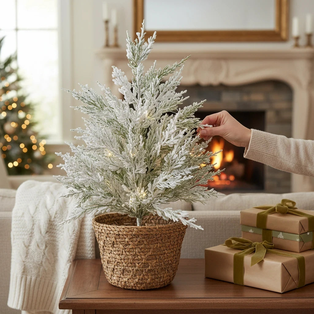 Mellow Monkey 25-inch flocked holiday spray with snow-covered pine needles in a woven basket on a wooden table