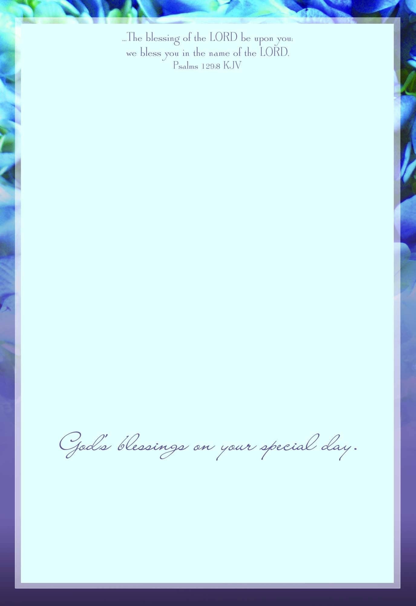 Mellow Monkey anniversary card featuring blue floral borders and KJV Psalm 129:8 scripture text.