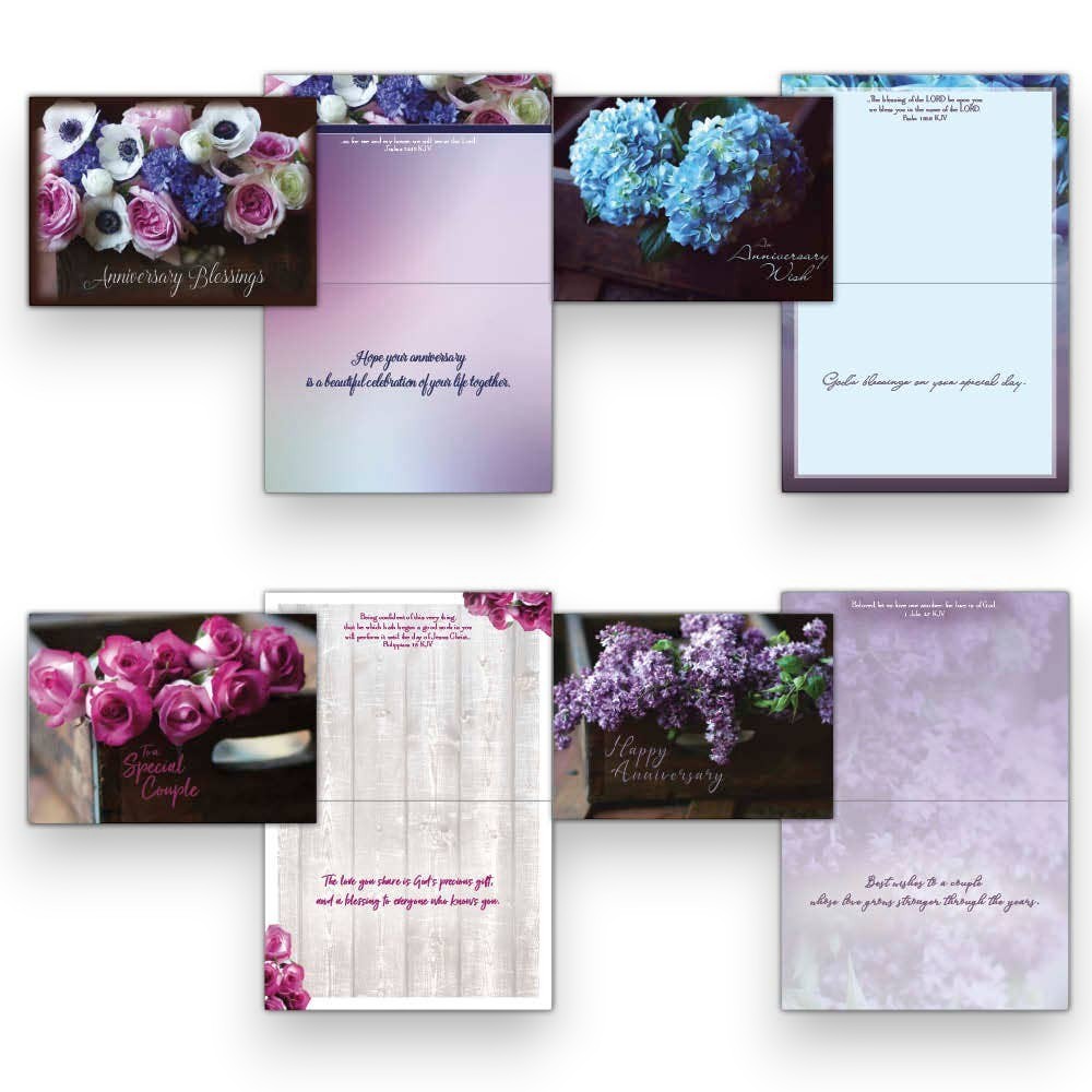 Mellow Monkey boxed anniversary card set featuring four floral designs with KJV scripture and heartfelt messages.