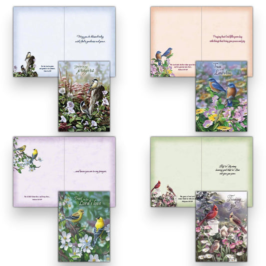 Mellow Monkey boxed assortment of floral thinking of you greeting cards featuring KJV scripture and bird illustrations.