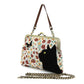 Mellow Monkey floral kisslock bag featuring a black velvet cat, butterfly appliqué, and vintage metal hardware.