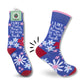 Mellow Monkey Funatic crew socks in blue with pink floral patterns and the text I Like Pretty Things and the Word Fuck
