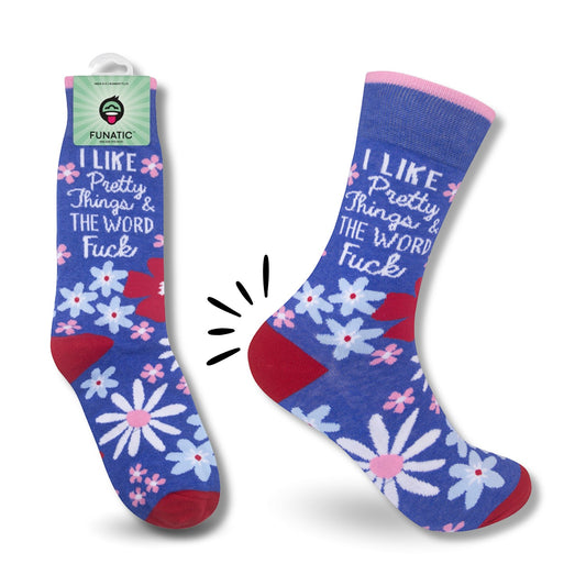 Mellow Monkey Funatic crew socks in blue with pink floral patterns and the text I Like Pretty Things and the Word Fuck