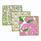 Mellow Monkey set of three floral kitchen dish towels with pink flowers, green foliage, and lime green trim.