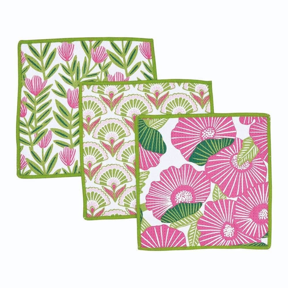Mellow Monkey set of three floral kitchen dish towels with pink flowers, green foliage, and lime green trim.