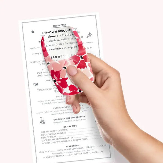 Mellow Monkey floral pocket magnifier with LED light, 2x magnification, for reading menus and fine print.