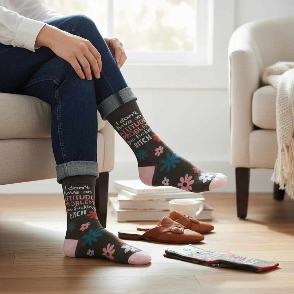 Mellow Monkey crew socks with brown floral pattern, pink accents, and sarcastic text worn by a seated woman.