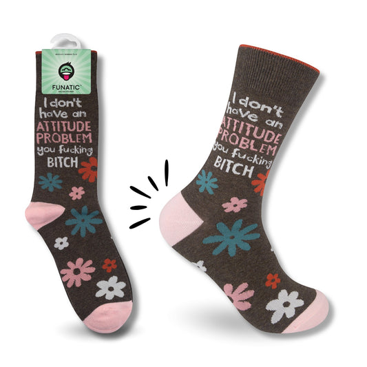 Mellow Monkey brown crew socks with floral patterns and the sarcastic text I Don't Have An Attitude Problem