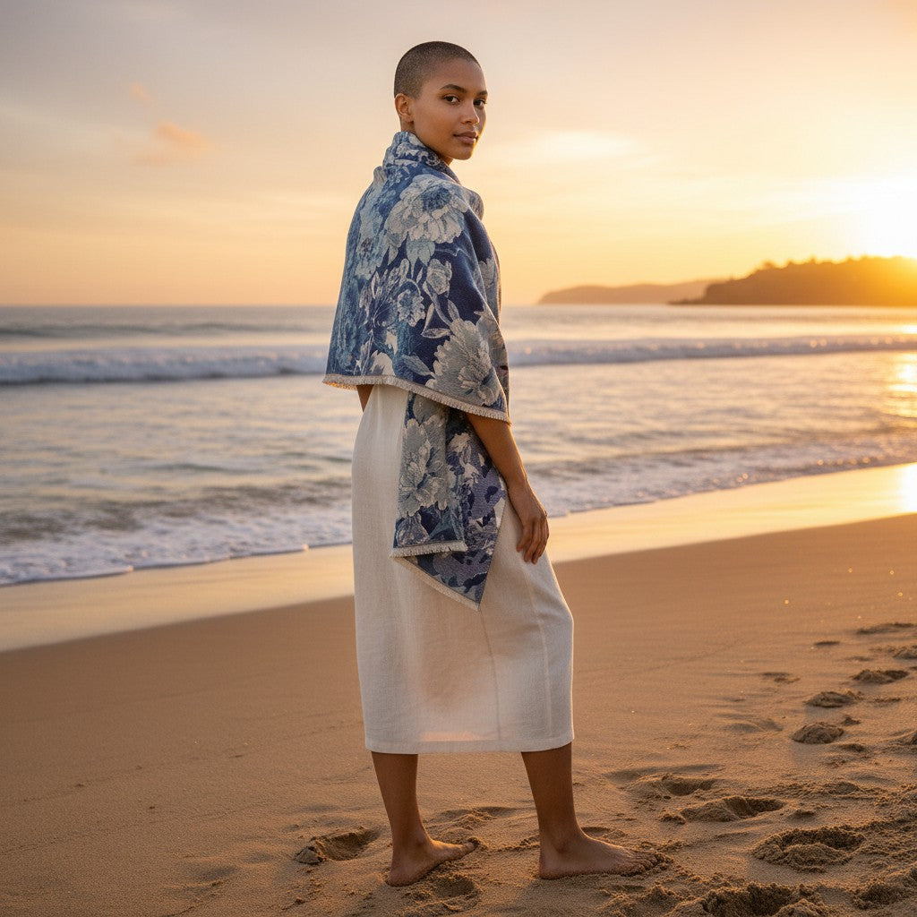 Mellow Monkey double-sided floral shawl with eyelash fringe, draped over a woman on a beach at sunset.