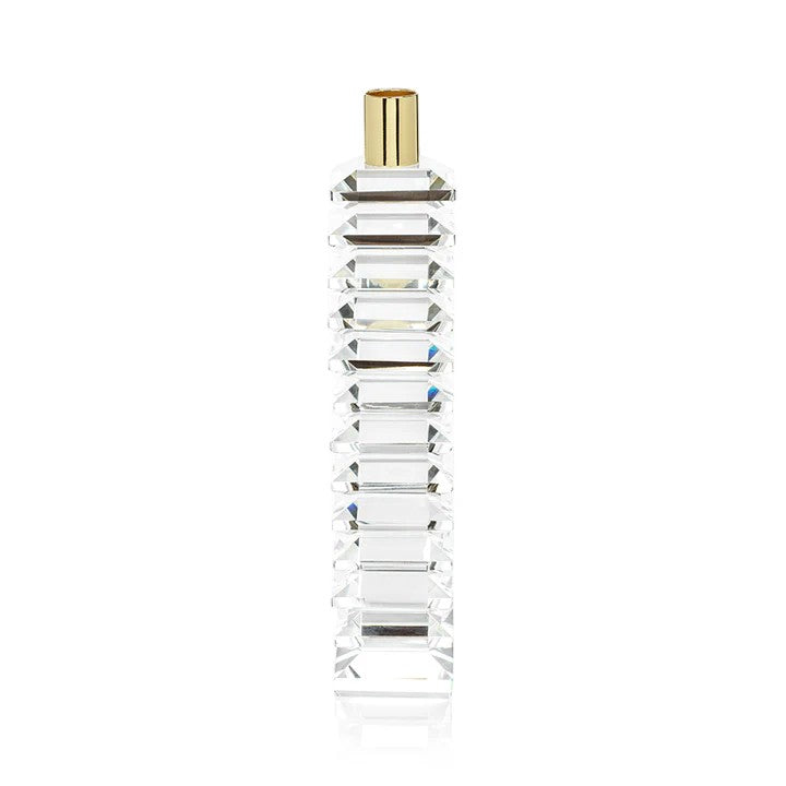 Mellow Monkey Florence stacked crystal candle holder with a gold metal insert, 10.5 inches tall.