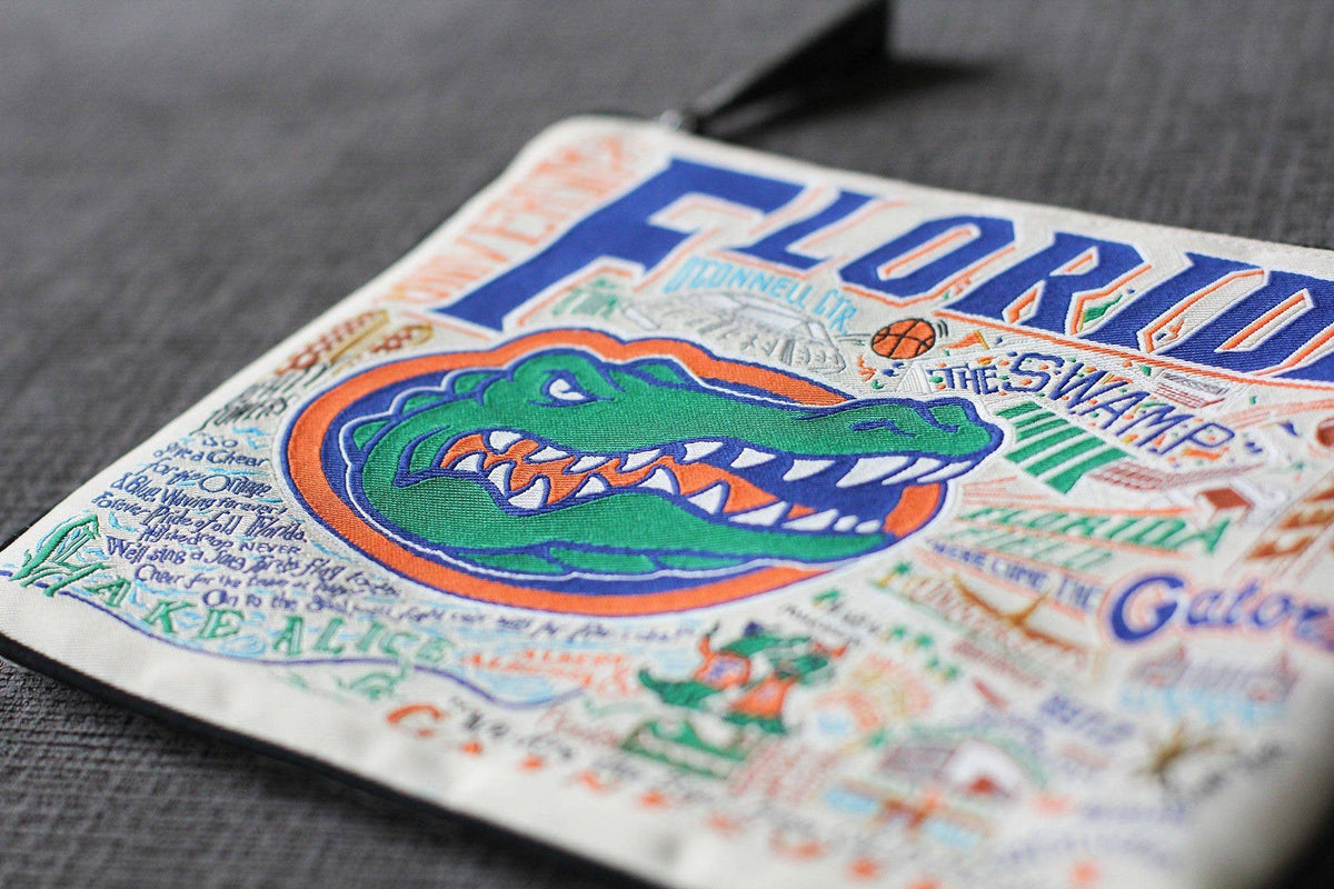 Mellow Monkey University of Florida zip pouch featuring a woven Gator mascot design on durable polyester fabric.