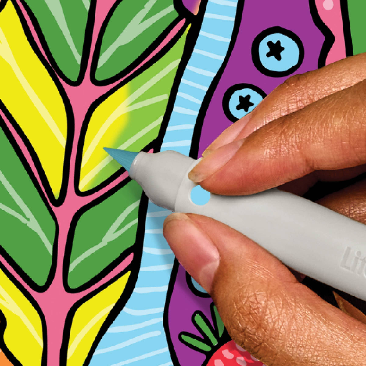 Mellow Monkey FlowArt meditative coloring kit showing a hand using a marker to fill in a vibrant leaf pattern