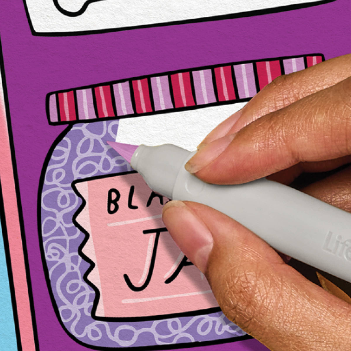 Mellow Monkey FlowArt meditative coloring set featuring a hand using a marker to reveal patterns on a jam jar scene.
