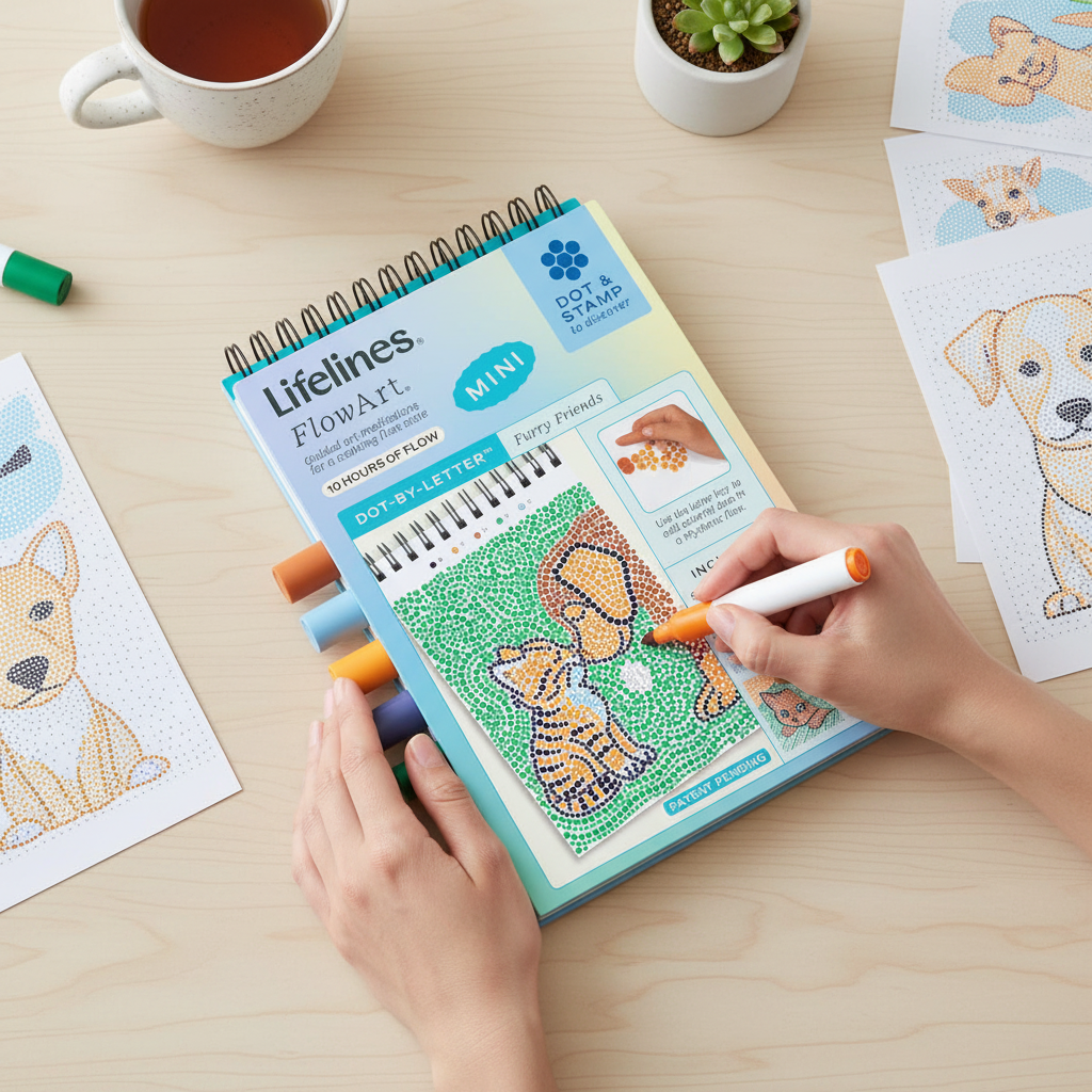 Mellow Monkey Furry Friends MINI FlowArt dot-by-letter activity pad with markers and completed dog art scenes