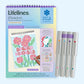 Mellow Monkey Everyday Inspiration FlowArt dot-by-letter activity book with floral design and eight colorful markers.