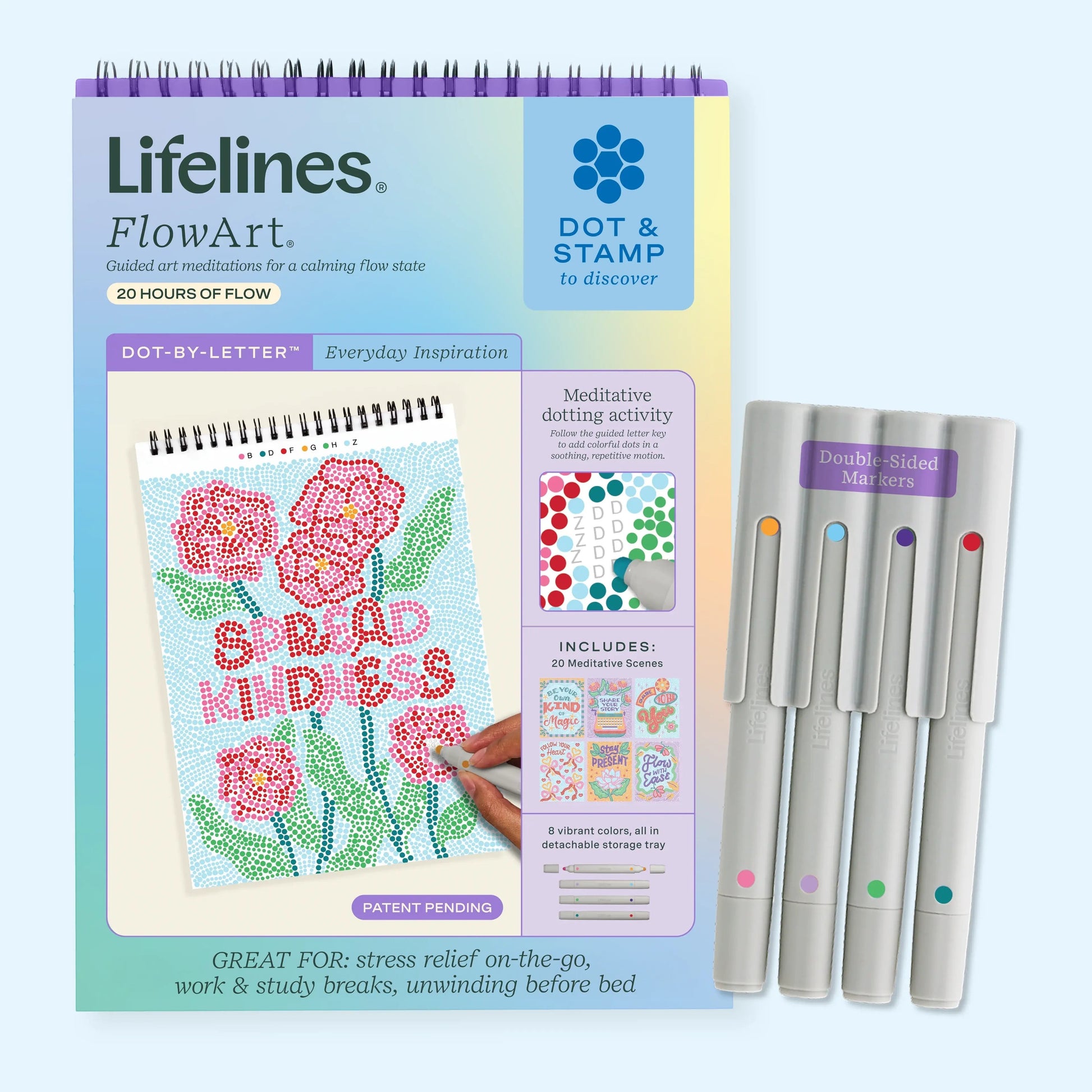 Mellow Monkey Everyday Inspiration FlowArt dot-by-letter activity book with floral design and eight colorful markers.