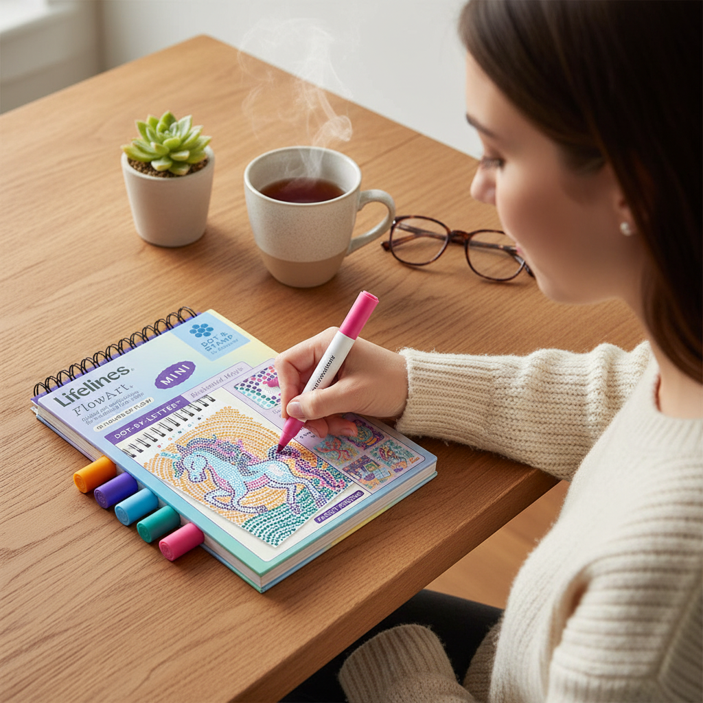 Mellow Monkey Enchanted Magic MINI FlowArt dot-by-letter pad with a woman coloring a unicorn scene at a wooden desk.