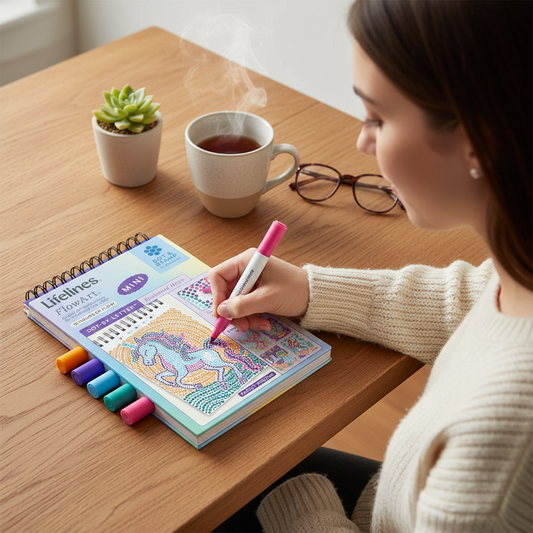 Mellow Monkey Enchanted Magic MINI FlowArt dot-by-letter pad with a woman coloring a unicorn scene at a wooden desk.