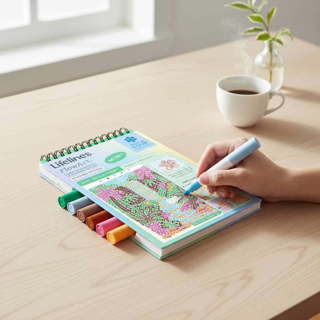 Mellow Monkey Nature's Wonders MINI FlowArt Dot by Letter kit with markers on a wooden table