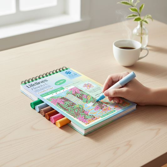 Mellow Monkey Nature's Wonders MINI FlowArt Dot by Letter kit with markers on a wooden table