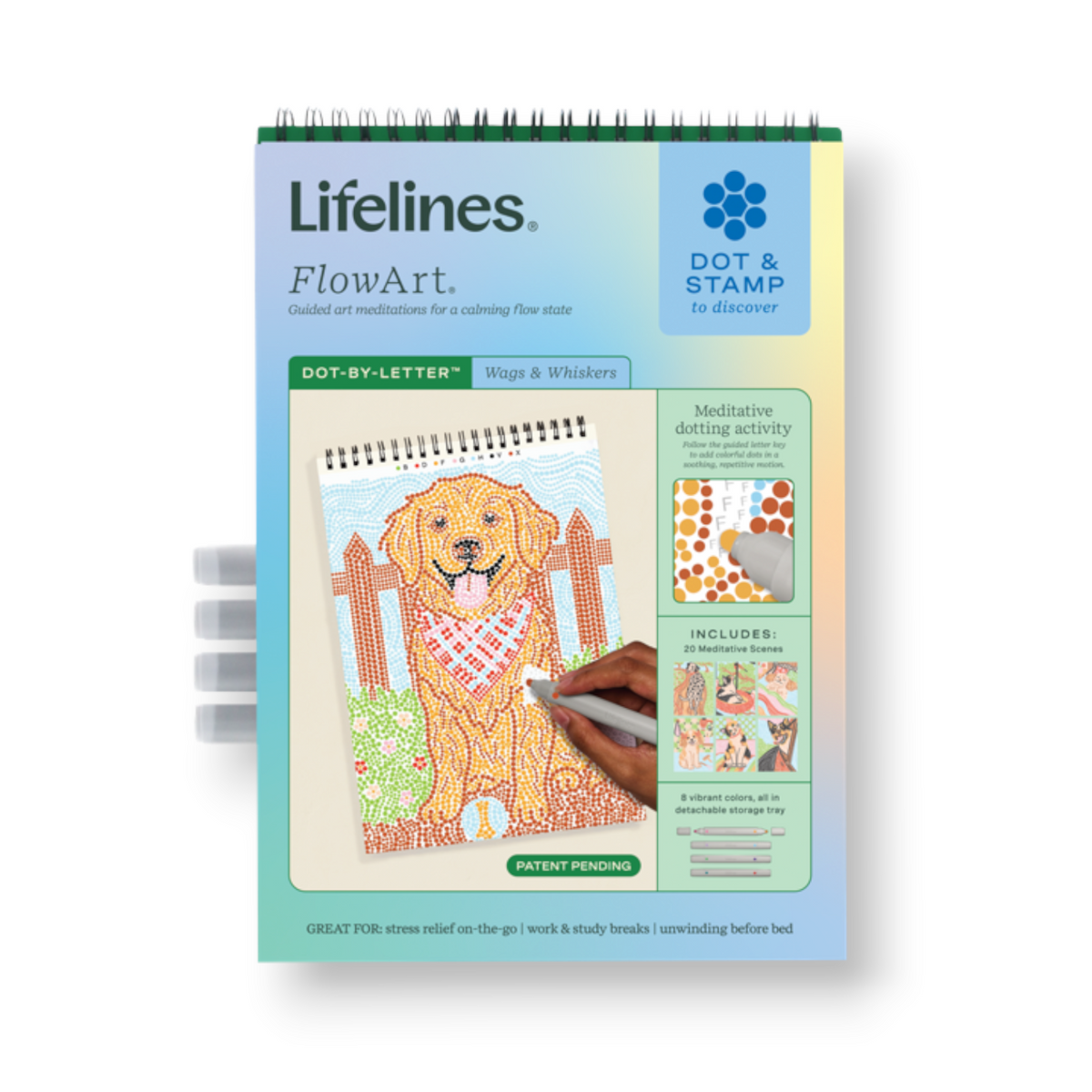 Mellow Monkey Wags & Whiskers FlowArt Dot By Letter activity pad featuring a golden retriever dotting scene