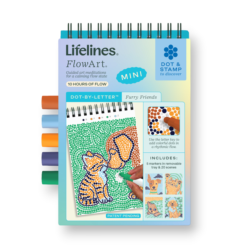 Mellow Monkey Furry Friends MINI FlowArt dot-by-letter activity pad with markers for meditative art and stress relief