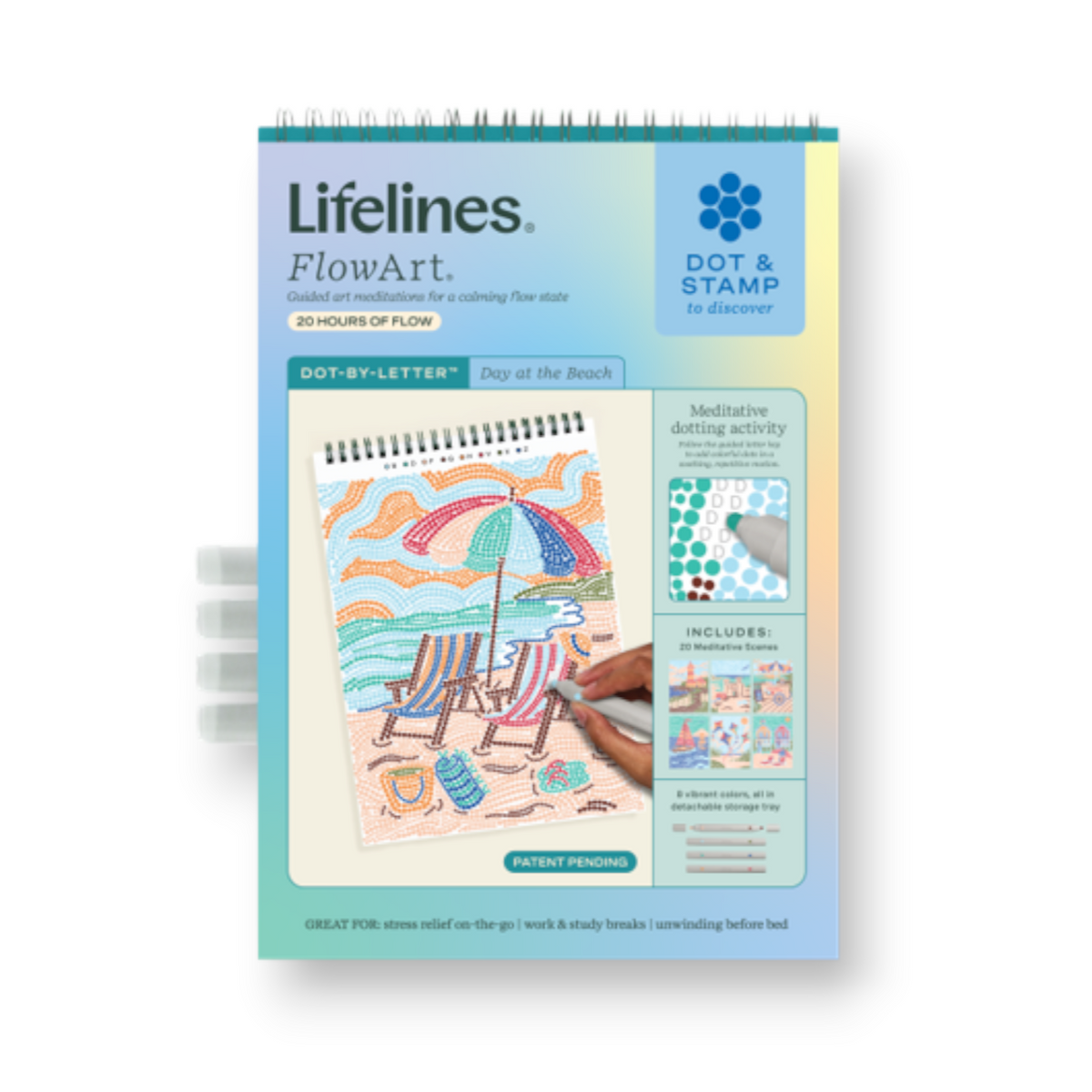 Mellow Monkey Day at the Beach FlowArt dot-by-letter activity pad with markers for meditative stress relief