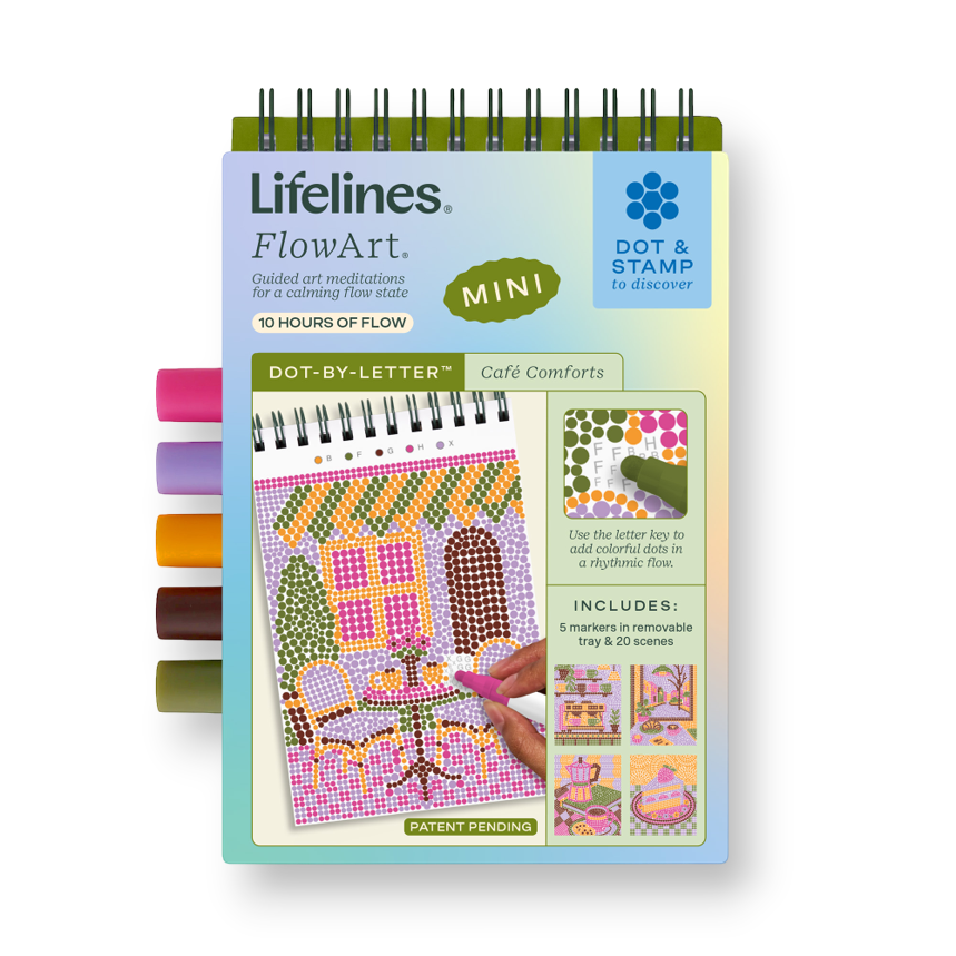 Mellow Monkey Cafe Comforts MINI FlowArt Dot By Letter kit with colorful markers and a guided dotting activity pad.
