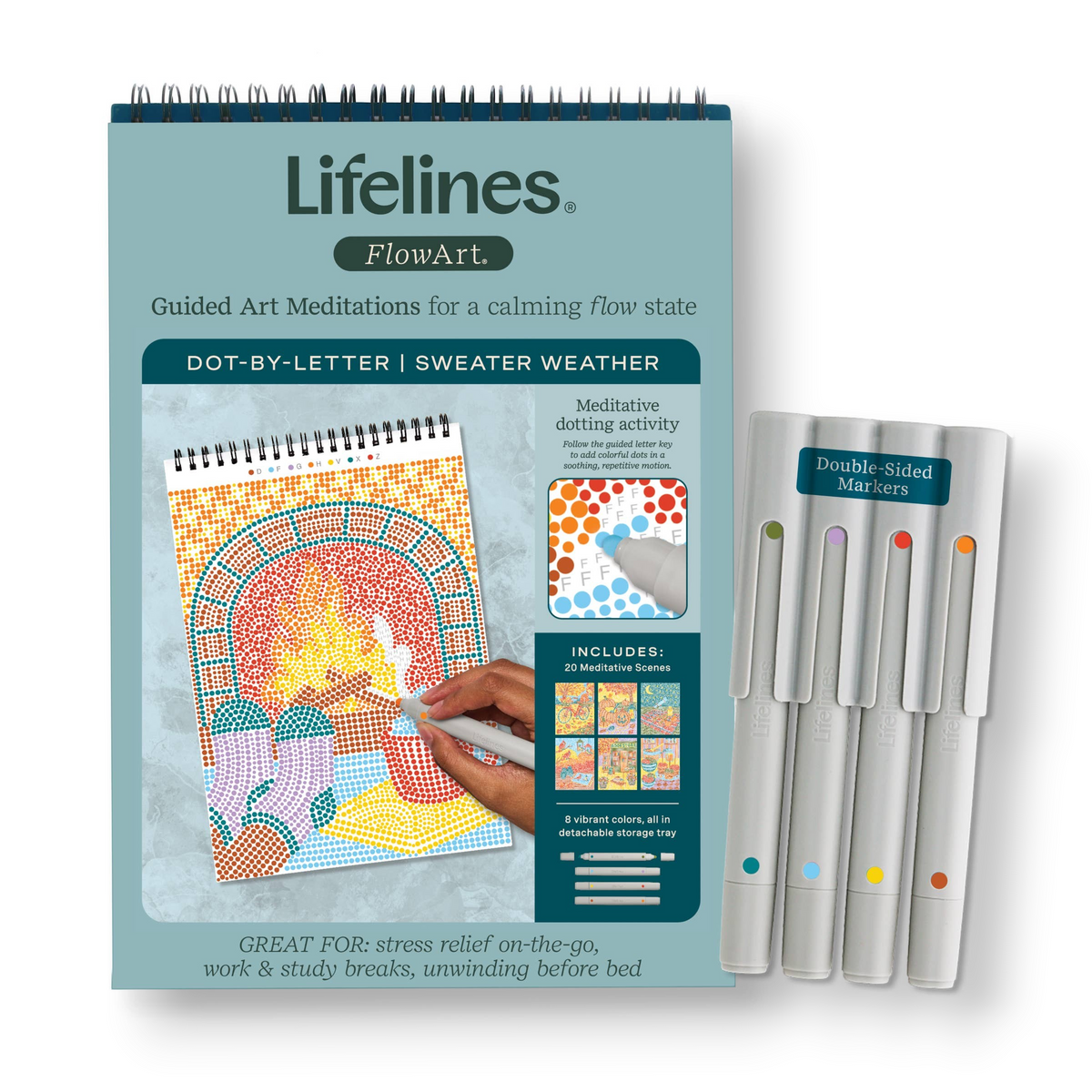 Mellow Monkey Lifelines FlowArt Sweater Weather dot-by-letter activity pad with markers for stress relief